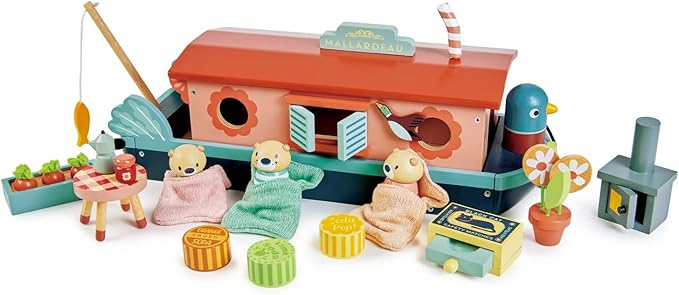 Tender Leaf Toys - Little Otter Canal Boat - 23 Pcs Furnished Wooden Boat Toy with Removeable Roof and Animal Figures - Gender-Neutral Open-Ended Play Set for Story Telling - Age 3 +