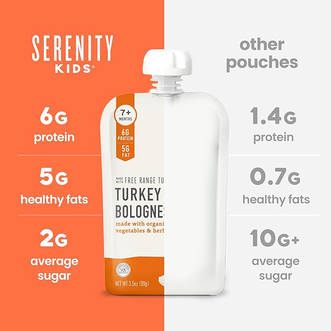Serenity Kids 7+ Month Turkey Bolognese Bone Broth Baby Food Puree - Toddler Pouches with Organic Veggies & Free-Range Turkey - High-Protein Savory Blend, No Added Sugar & BPA-Free - 3.5 Oz, 12 Pack