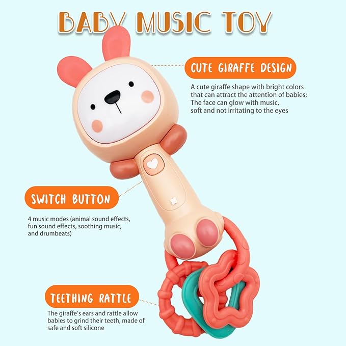 Soft Pink Bunny Baby Musical Rattle Toy - Light-Up Teether & Sensory Chew, BPA-Free Soft Rubber, Baby Shower & 1st Birthday Gift for 6-18 Months 1+ Year Old