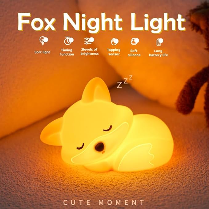 S NMT Cute Silicone Fox Night Light for Kids, Rechargeable Sleeping Nursery Nightlights with Timing Function for Christmas Gift, Dimmable Beside Decoration Lamp