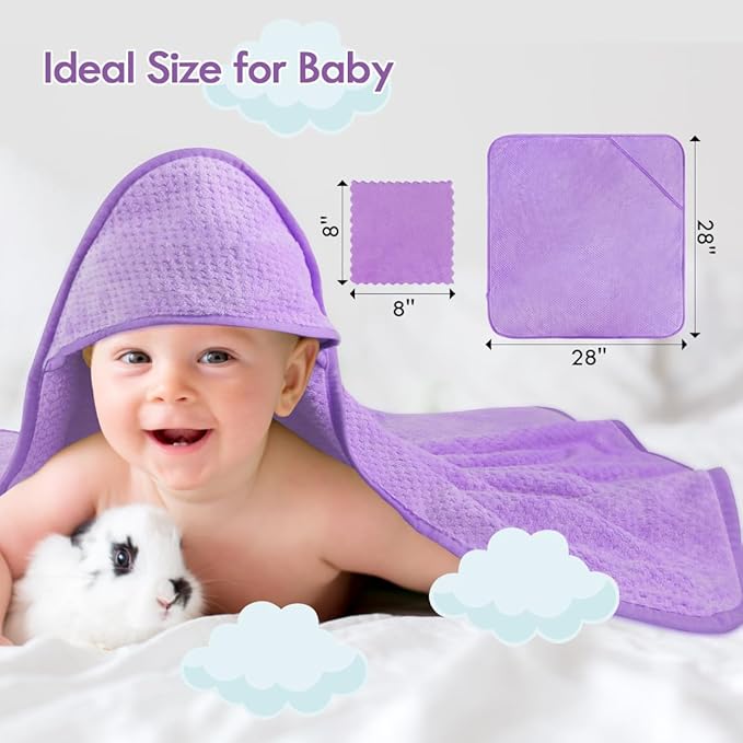 Orighty Baby Hooded Towel with Five Washcloths, 28 x 28 Inch Super Soft Bath Towel with Hood for Babies, Infant, Newborn Essential - Ideal Baby Stuff Registry for Boys and Girls (Purple)
