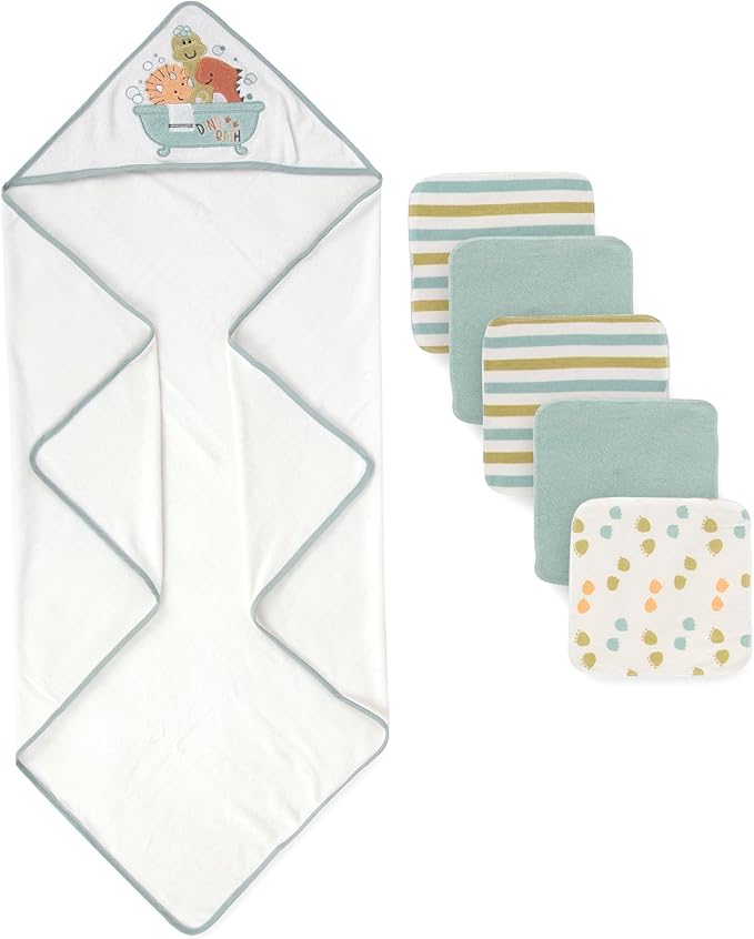 Baby Hooded Bath Towel and Washcloth Set for Infants, Boys and Girls 6-12 Months (Drippy Dinos)