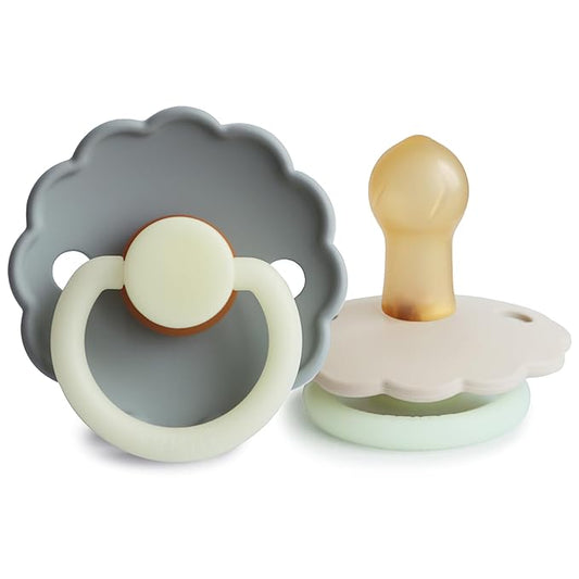 FRIGG Daisy Night Natural Rubber Baby Pacifier | Made in Denmark | BPA-Free (French Gray/Croissant, 0-6 Months) 2-Pack