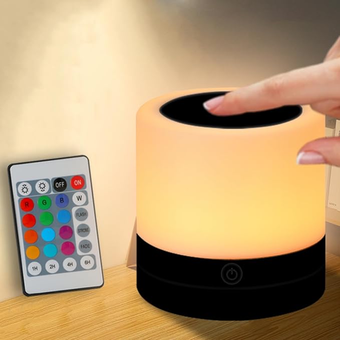 Nursery Night Light for Kids, USB Rechargeable Small Desk Lamp,13 RGB Colors & 4 Brightness & 1 Remote, Touch Bedside Cordless Table Lamp, Portable Night Lamp for Bedroom Living Room Home (Black)