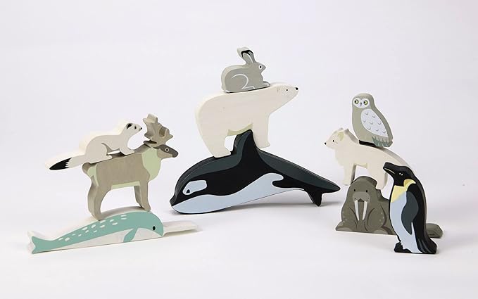Tender Leaf Toys - Polar Animals - 10 Solid Wood Polar Animals with Shelving Unit - Made for Little Hands, Improve Hand-Eye Coordination for Boys and Girls - Age 3+