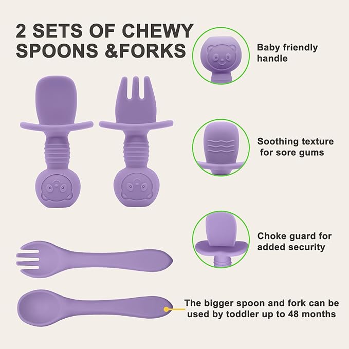 Silicone Baby Feeding Set | Baby Led Weaning Supplies Includes Suction Bowls and Divided Plates, Adjustable Bib, Baby Utensils Spoons and Forks,Cup | Baby Feeding Essentials (Purple)