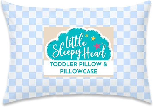 Little Sleepy Head Toddler Pillow with Pillowcase 13x18 - Kids Pillow for Sleeping - Better Neck Support Ergonomic Pillow and Toddler Pillowcase - Best Pillows for Kids (Checkers Baby Blue)