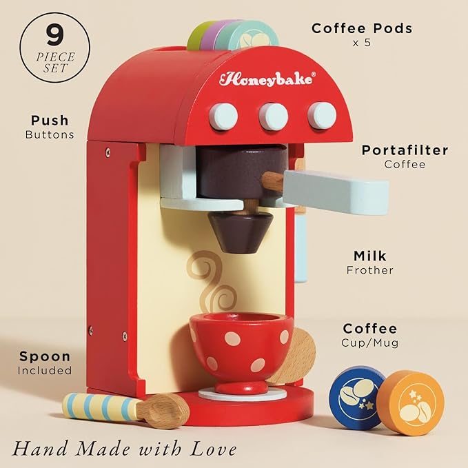 Le Toy Van - Honeybake Premium Wooden Cafe Machine Set - Pretend Kitchen and Cafe Play Toy Set | Kids Role Play Toy Kitchen Accessories (TV299), Small