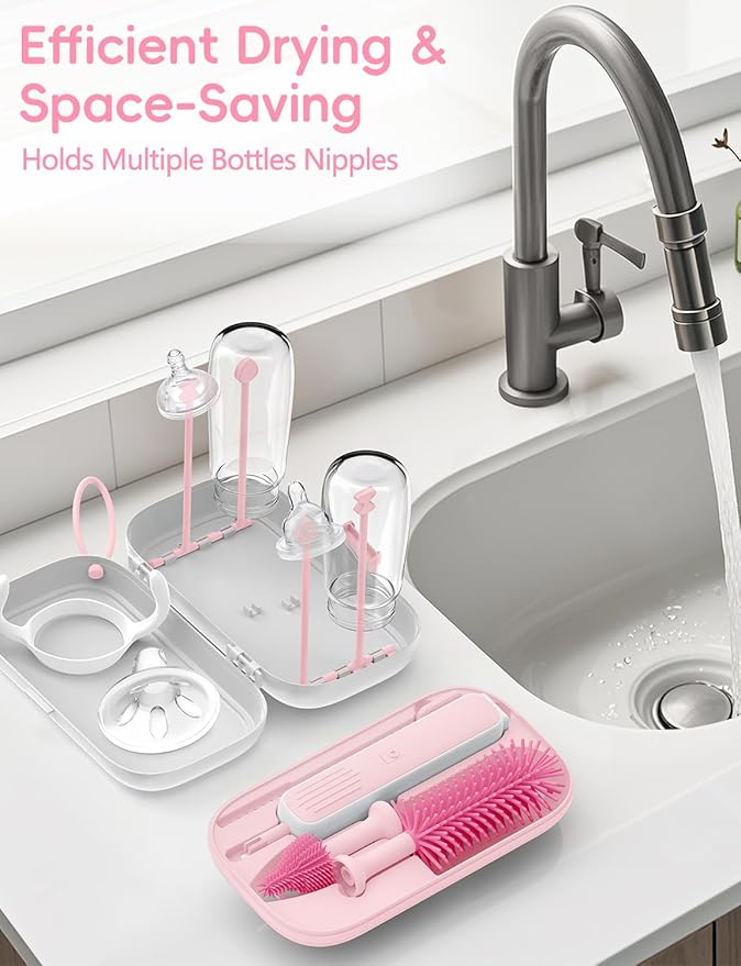 Electric Baby Bottle Brush Cleaner, Baby Travel Bottle Cleaner Kit- 2000mAh Rechargeable Silicone Brush, Drying Rack, Compact Storage Box, 360° Efficient Cleaning Bottle Brush for Home & On-The-Go