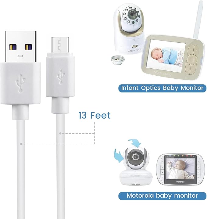 Smays Replacement 5V Micro USB Charging Cable for Infant Optics DXR-8, Motorola, Owlet Baby Monitors - 13-Foot (4 Meters) Power Cord