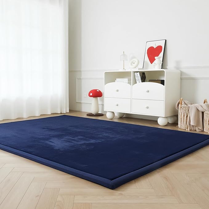 Loartee Faux Rabbit Fur Rug - 1.18" Thick Soft Fluffy Area Rug, Non-Slip Memory Foam Crawling Mat, Dark Blue, 71"x78"