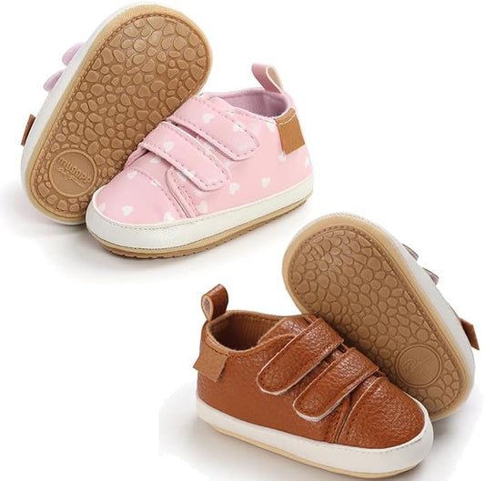 2Pairs Baby Shoes,Boys Girls Non-Slip Rubber Sole Sneakers,Unisex Infant Soft Lightweight First Walking Crib Shoes