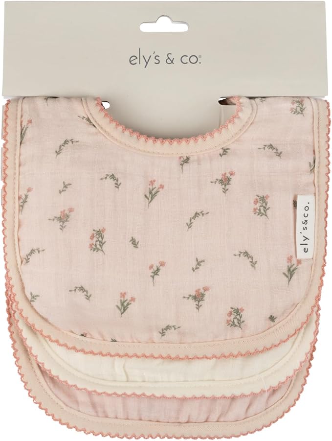 Ely's & Co. 100% Cotton Muslin Bib with Terry lining Soft & Absorbent for Infants, Adjustable Snaps 3 Pack 0-6 Months