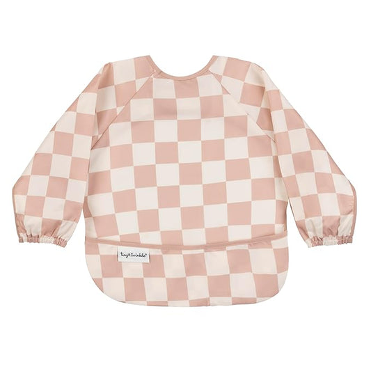 Tiny Twinkle Long Sleeve Bib for Babies & Toddlers – Waterproof Smock Bib for Eating – Machine Washable & Mess-Proof, Baby Feeding Essential & Shower Must-Have(Checkers Brown, 6–24M)