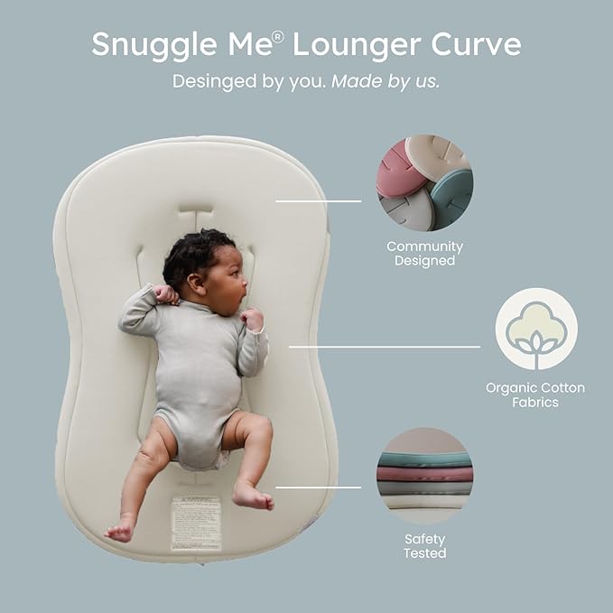 Snuggle Me® Baby Lounger Curve (0-6 Months) - Premium Organic Cotton with Foam Core, Machine-Washable Cover, Buttery-Soft & Breathable Infant Lounger with Travel Bag (30 in x 20 in x 1.9 in) - Natural