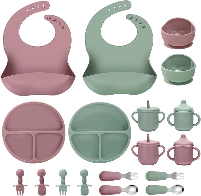 Silicone Baby Feeding Set, 18PCS Baby Led Weaning Supplies, Eating Essentials Utensils with Suction Plate and Bowl, Adjustable Silicone Bib, for 6+ Months (Pink+Green)