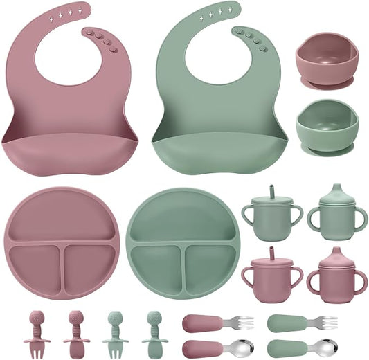 Silicone Baby Feeding Set, 18PCS Baby Led Weaning Supplies, Eating Essentials Utensils with Suction Plate and Bowl, Adjustable Silicone Bib, for 6+ Months (Pink+Green)