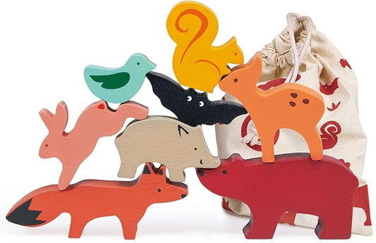 Mentari Toys - Happy Stacking Forest - 8pc Wooden Stacking Toy for Toddlers - Colorful Nature Theme Balancing Activity Toy with Bag - Boost Fine Motor Skills and Dexterity - Educational Toy - Age 18m+