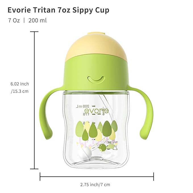 Evorie Tritan Weighted Straw Sippy Cup with Handles for Baby and Toddlers, Spill Proof Baby Water Bottle with Straw for 6 months and up, 7 Oz, Infant Training Water Bottle (Woodland)