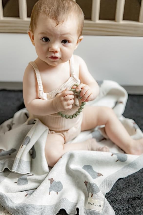 Luxury Cotton Knit Swaddle Baby Blanket - Soft Cozy Lightweight Unisex Receiving Swaddler Stroller Quilt Blanket for Shower Gift Registry for Newborns Infants Toddlers (Sheep - Ivory)