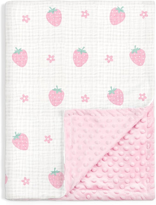 Strawberry Baby Blankets for Girls, Soft Nursery Minky Blankets with Muslin and Dotted Fleece Back 30x40 inches, Receiving Bed Quilt for Newborn, Infants, Toddlers