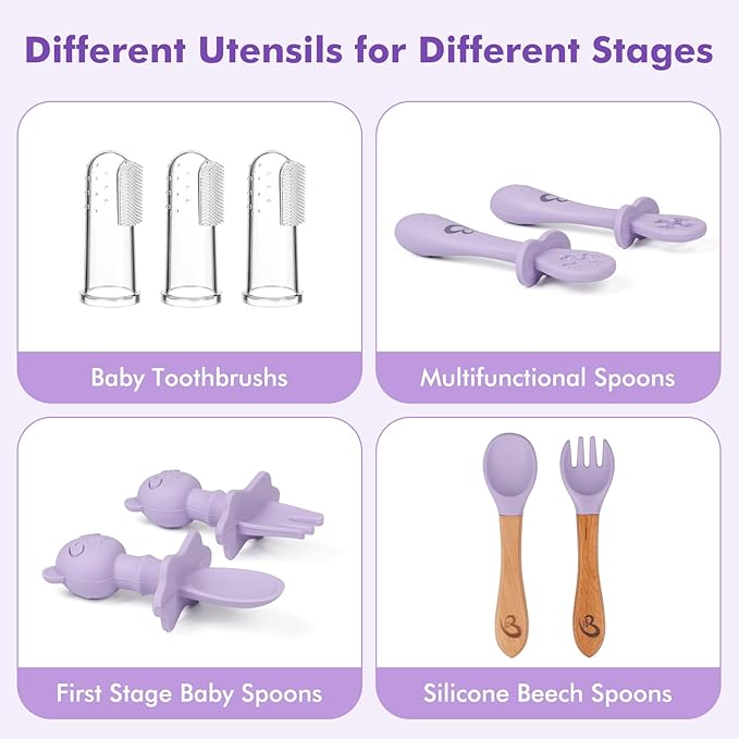 Silicone Baby Feeding Set Essentials,13 Pcs,Baby Led Weaning Supplies, Baby Spoons Suction Bowl Divided Plate Bib Cup Finger Brush,First Stage Solid Food Eating Utensils - 6 Months + (Baby Blue)