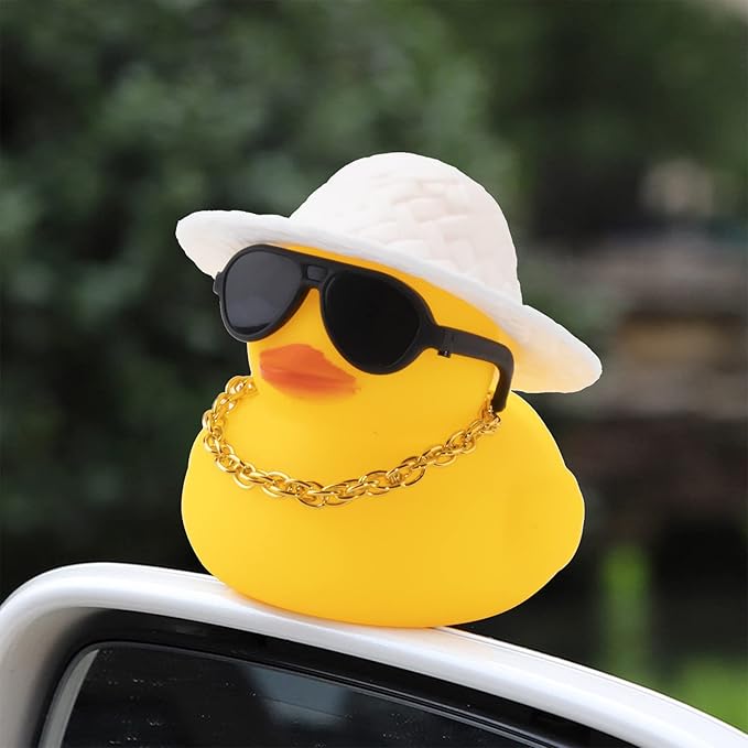 wonuu Car Rubber Duck, Yellow Duck Decoration Dashboard with Sun Hat Swim Ring Necklace Sunglasses for Car Dashboard Decorations