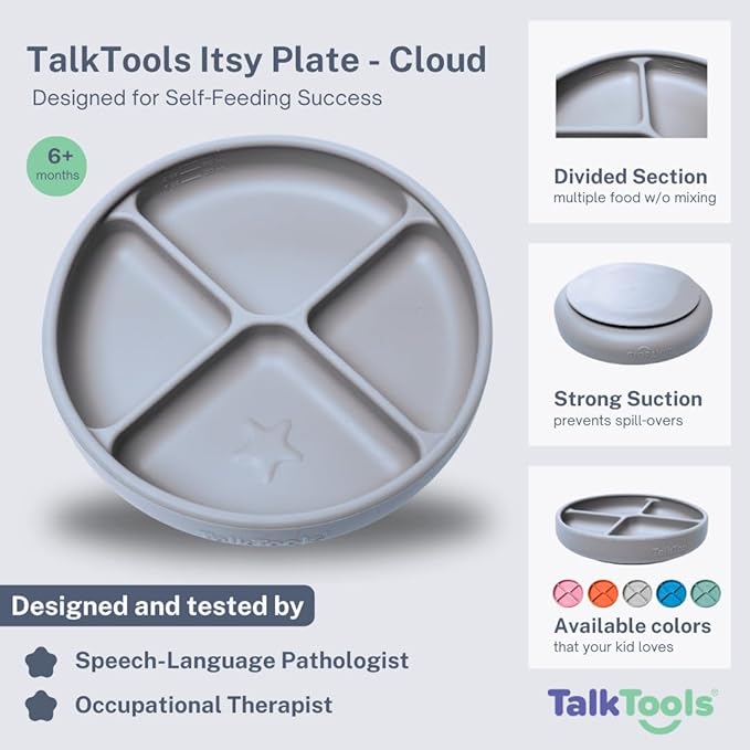 TalkTools Itsy Plate Must-Have Silicone Baby Plates with Suction | Non-Toxic Toddler Feeding Plate | Divided Portion | BPA-Free, Easy-Clean, Travel-Friendly Baby Dishware - Made in USA (Cloud)