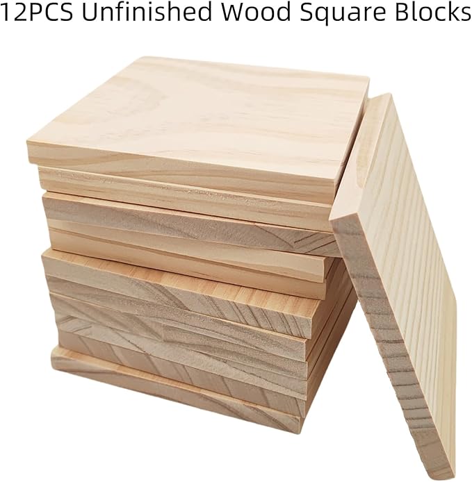 12PCS Unfinished Wood Square Blocks for Crafts, 4.7x4.7x0.4in Blank Wooden Squares Pine Wood Boards for Carving,DIY Wood Coasters,Painting & Burning