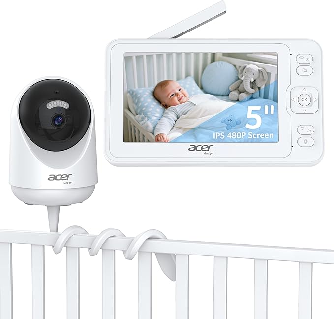 acer Video Baby Monitor 5” LCD Screen Monitor No WiFi with 1080P Camera and Audio for Crib 1000ft Range Remote Pan Tilt Night Vision, Temperature Sensor, 8 Lullabies, 2-Way Talk, Video Recording, VOX