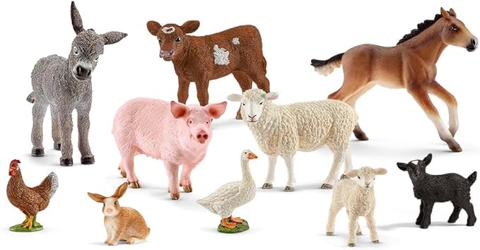 Schleich Farm World - 10 PC Farm Animal Playset with Cow, Donkey, Chicken, Pig, Bunny, Horse Toys and More -Realistic Barnyard Figurines - Fun Educational Figures For Kids and Toddlers Ages 3+ - 77585