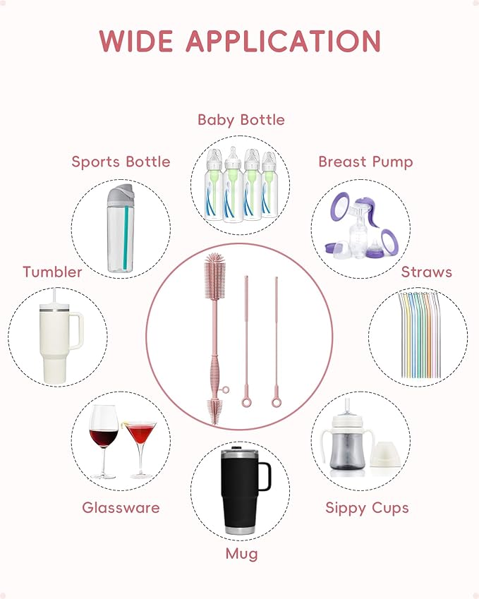 Silicone Cleaning Brush Kit,Water Bottle and Straw Cleaner Brush Set for Tumbler,Baby Bottle,Breast Pump Part,Nipple,Sippy Cup,Glass,Dishwasher Safe,BPA Free,3 Pcs