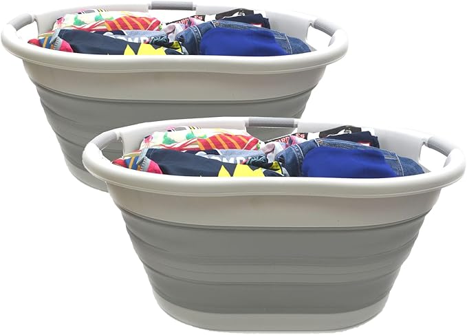 SAMMART 57L (15 Gallons) Collapsible 3-Handled Plastic Laundry Basket - Oval Tub - Portable Washing Tub-Space Saving Laundry Hamper, Water Capacity 44L / 11.6 Gallon (2, Grey/Grey)