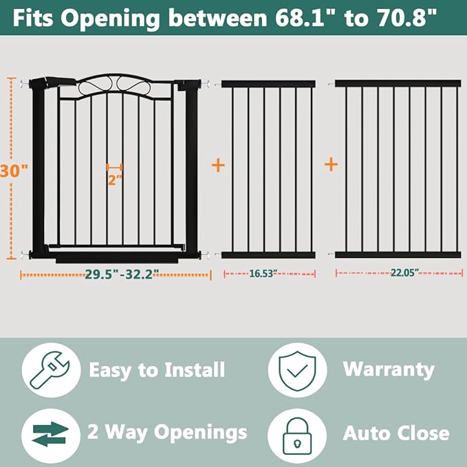 Extra Wide Baby Gate with Door Black-Large Walk Through Baby Gates for Stairs Pressure Mounted no Drill-Indoor Long Tension Metal Child Pet Safety Gate 68.11"-70.87" Wide
