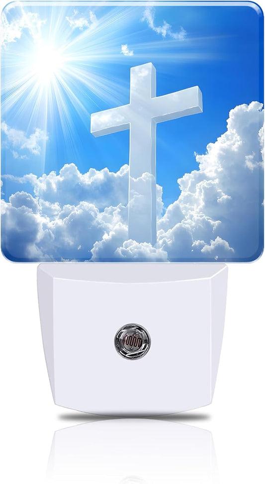 Night Light White Cross in Cloudy Sky Night Lights Plug into Wall Smart Dusk to Dawn Sensor 0.5W Energy Efficient Led Lamp for Men Women Bedroom Bathroom Hallway Stairway Decor