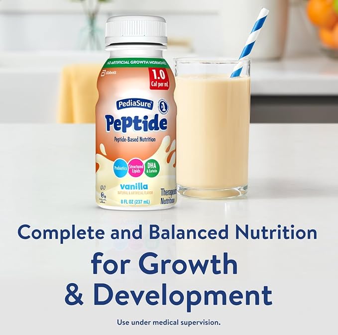 PediaSure Peptide 1.0 Cal, Peptide-Based Formula, Sole-Source Nutrition Drink for Tube Feeding or Oral Nutrition, Vanilla, 8-fl-oz Bottle, Pack of 24