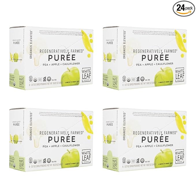 White Leaf Provisions Organic Purees / Baby Food Pouches - Fruits, Veggies & Grains, Toddler snack, Regeneratively Farmed, No Added Sugar, Non-GMO, BPA-Free Pouches 3.17 oz (Pack of 24) Pea + Apple + Cauliflower)