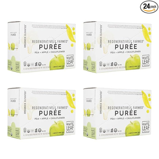 White Leaf Provisions Organic Purees / Baby Food Pouches - Fruits, Veggies & Grains, Toddler snack, Regeneratively Farmed, No Added Sugar, Non-GMO, BPA-Free Pouches 3.17 oz (Pack of 24) Pea + Apple + Cauliflower)