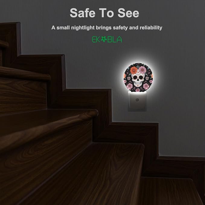 EKOBLA Floral Skull Night Lights Plug into Wall Skeleton with Flowers LED Dusk to Dawn Plug-in Nightlights Auto Sensor for Men Women Boys Girls Home Indoor Bathroom Hallway Kitchen