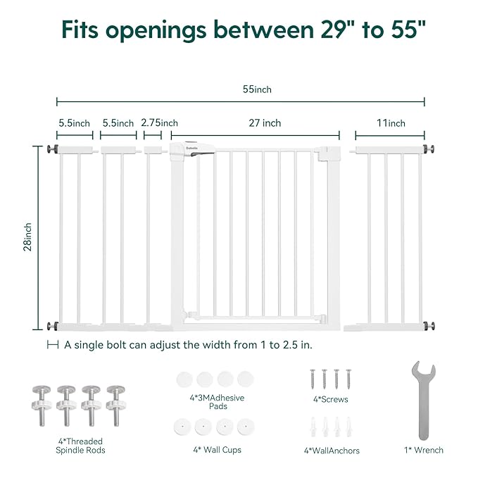 BABELIO 29-55 Inch Extra Wide Baby/Dog Gate, PressGuard P7, Metal Auto Close, Pressure Mounted Pet Door for Doorways, NO Need Tools and Drilling, with Wall Cups, White