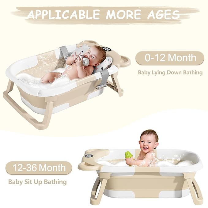 TPN Collapsible Baby Bathtub, Baby Bath Tub with Soft Cushion & Real-Time Thermometer, Baby Bathtub Infant to Toddler Tub (0-36 Months), Portable Travel Baby Tubs for Newborns (Beige)
