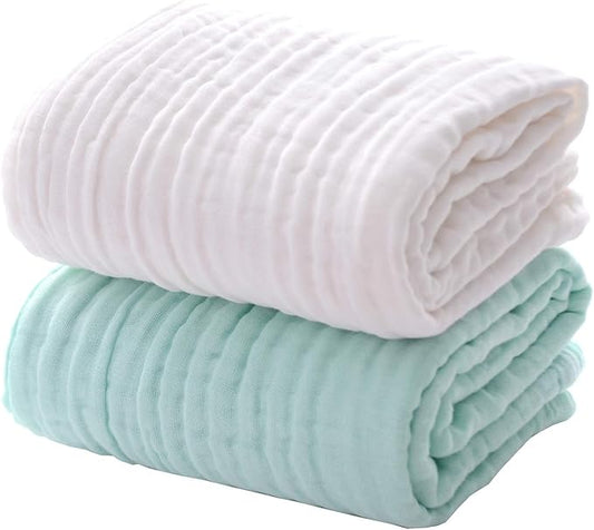 MUKIN Baby Bath Towels, Super Soft Cotton Receiving Blanket for Baby's Delicate Skin,2Pack Swaddle Blanket for Newborns Toddlers Boy Girl,Baby Registry as Shower (White+Green)