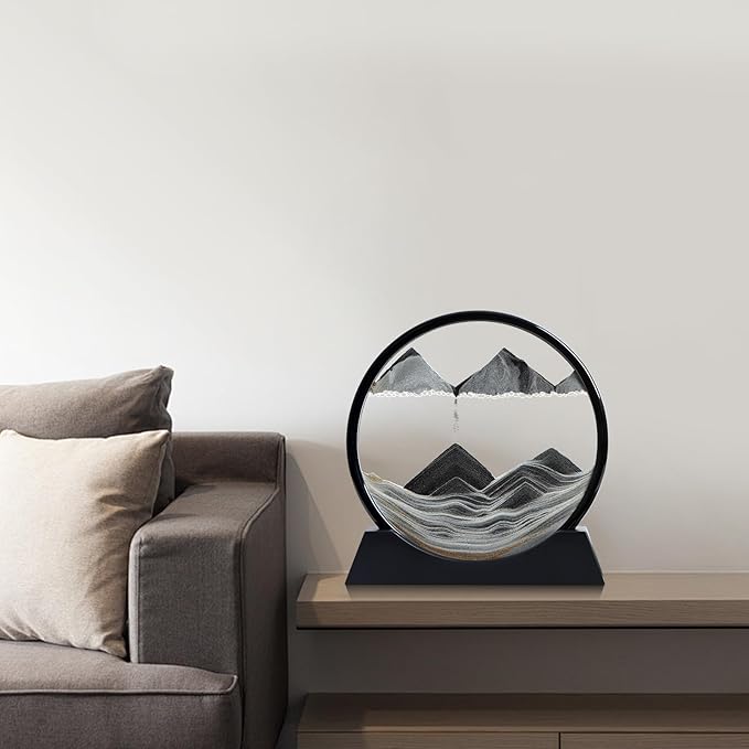 Moving Sand Art Liquid Motion, 3D Deep Sea Sandscape Color Quicksand Decor, Round Glass Moving Sand Art Picture Relaxing Desktop Home Office Work Decor (Black, 12 inch)