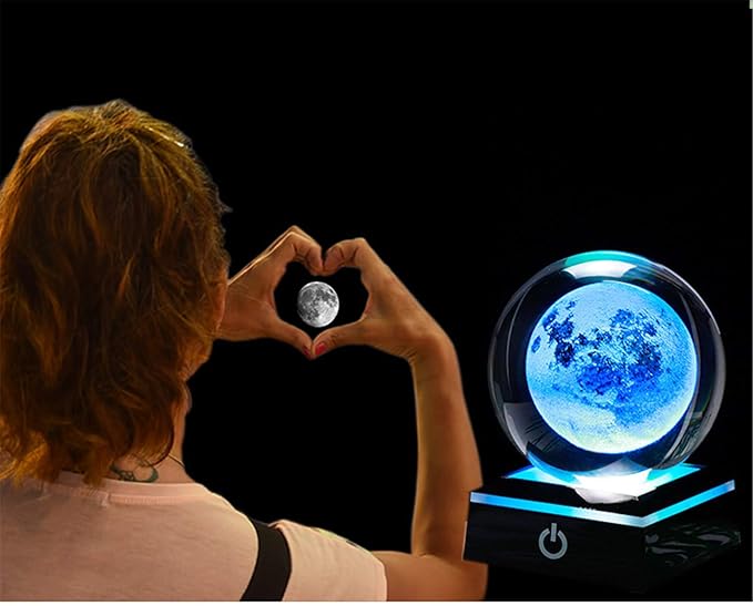 Qianwei 3D Moon Model Crystal Ball Led Lamp Base - Space Decor World Globe Planets Sphere Night Light 80mm 3.15 Inch - Solar System Decor Best Birthday Astronomy Gifts for Men Physics Science Teacher