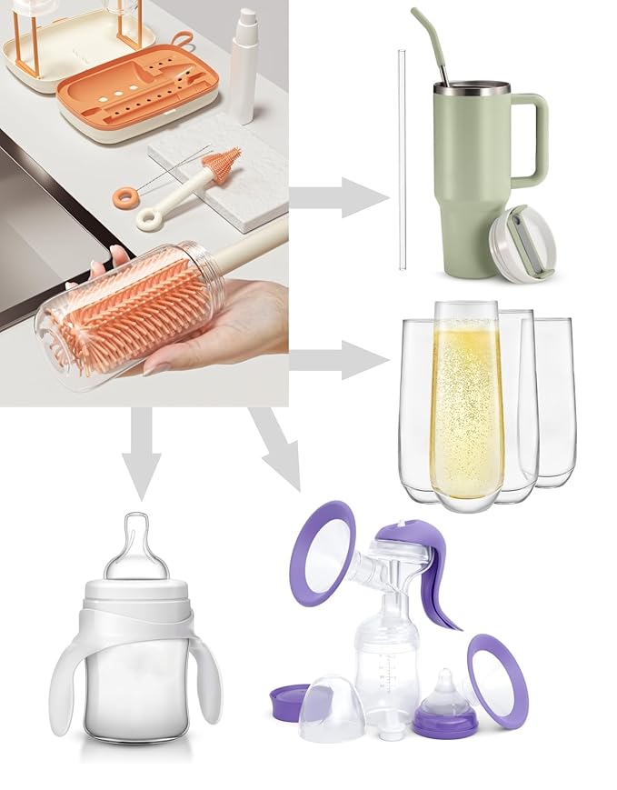 7 in 1 Baby Bottle Brush Set with Silicone Brush, Nipple Brush, Straw Brush, Soap Dispenser, Bottle Drying Rack, Storage Box - Baby Essentials for Home and Travel, Idea Gifts