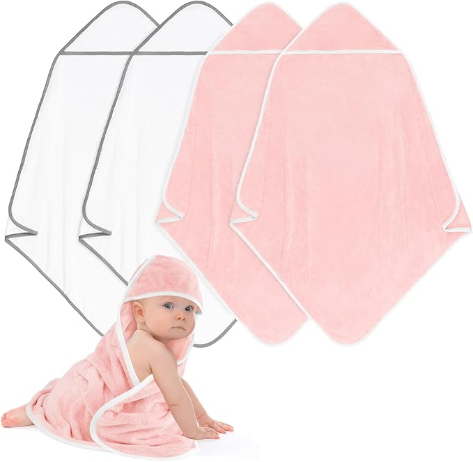 Hooded Towel for Newborn, 4 Pack Soft Coral Fleece Baby Towels, Ultra Absorbent Bath Cloths Bulk for Infants, Toddlers, Newborn Essential- 30 x 30 inch - Pink & White