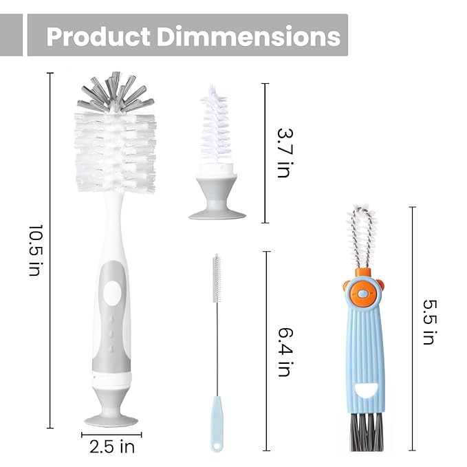 4-in-1 Baby Bottle Brush Set - Including Brushes for Bottles, Straws, Caps, & Nipples - BPA-Free (Grey)