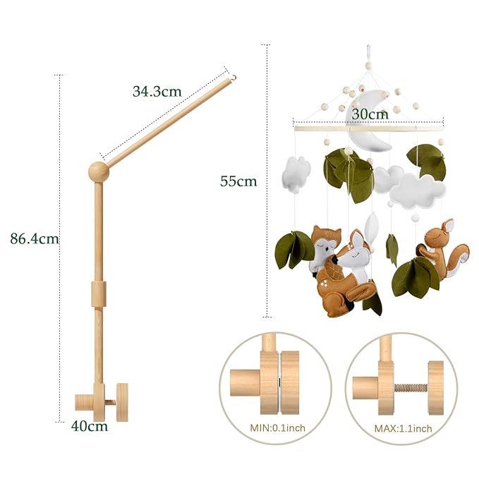 FEISIKE Woodland Animals Theme Bassinet Baby Nursery Mobiles with Modes Digital Music Box 3In1 Set-34 Inch Wooden Mobile Arm for Crib Mobile Hanger for Crib Baby Nursery Decor