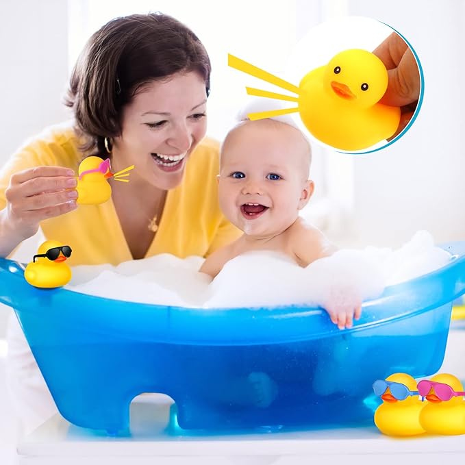 Chivao 12 Pcs Rubber Ducks with 12 Sunglasses/ Hats/ Headwear Small Mini Carnival Cruise Birthday Rubber Duckies Bathtub Toys in Bulk(Duck with Colored Glasses,Yellow)