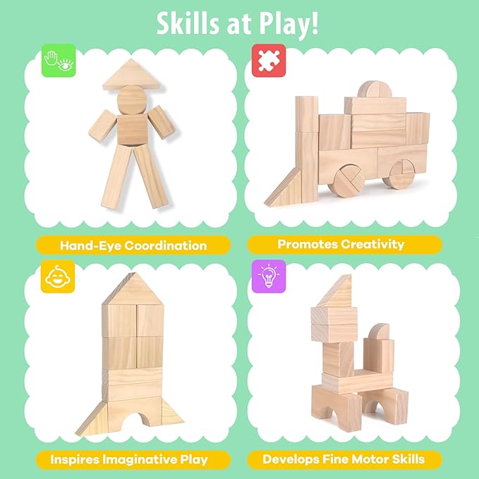 64-Piece Wooden Building Blocks with Storage Tray | Natural Wood Preschool Educational Toys for Toddlers Ages 3+ | Ideal Gift for Boys & Girls